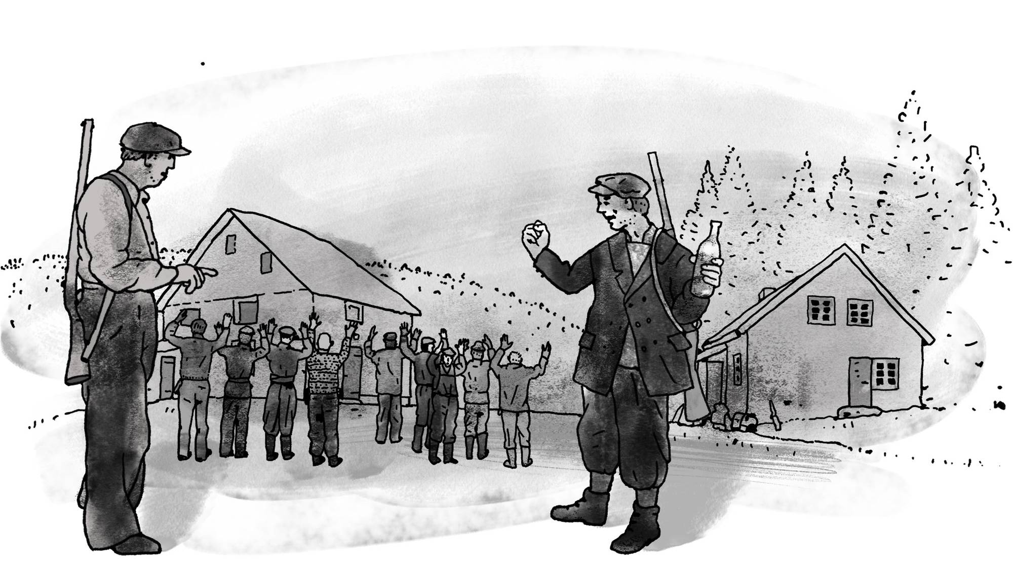 Tegning av folk som holder hendene i været under trusler fra Rolf Erling Knutsen med flere.