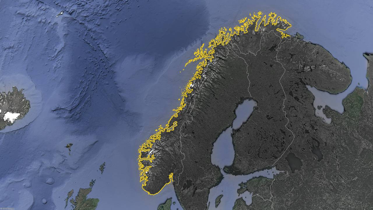 Kart over Norge der kystlinjene er hevet ut. 