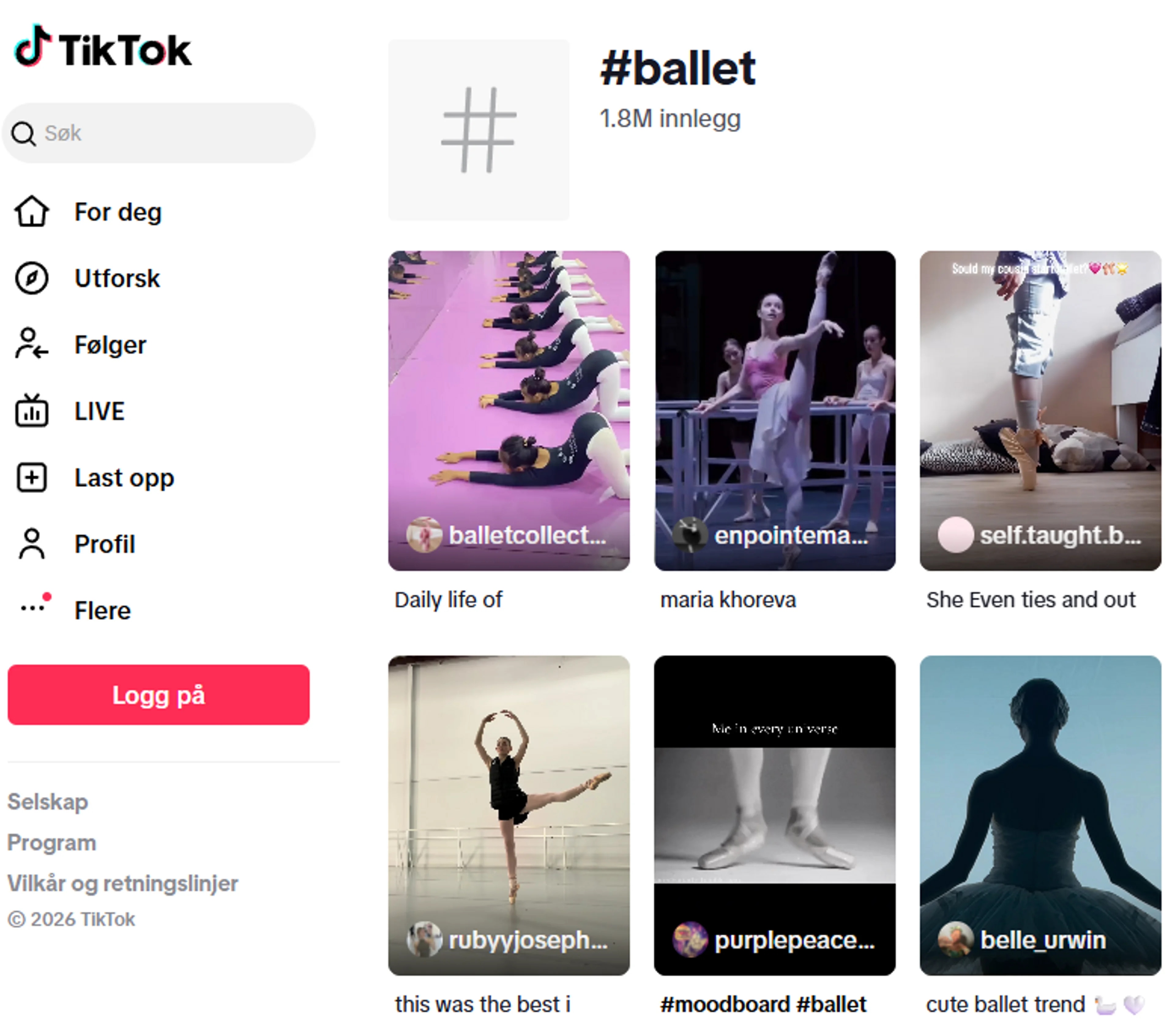 skjermdump fra TikTok sin side med taggen «ballet»