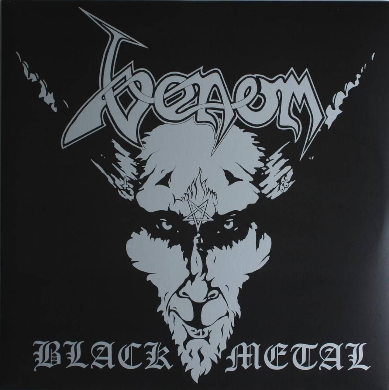 Coveret til albumet Black Metal av Venom. Coveret viser en sort-hvitt tegning av djevelen med et pentagram i panna.