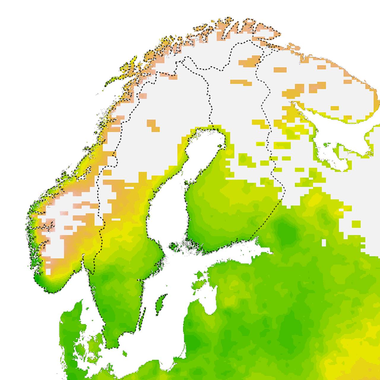Klimamessige optimale forhold for flått årene 1995-2015 i Norge. Kartet er utarbeidet av Solveig Jore, Folkehelseinstituttet og Christian Wilhelm Mohr ved Norsk Institutt for Bioøkonomi. 