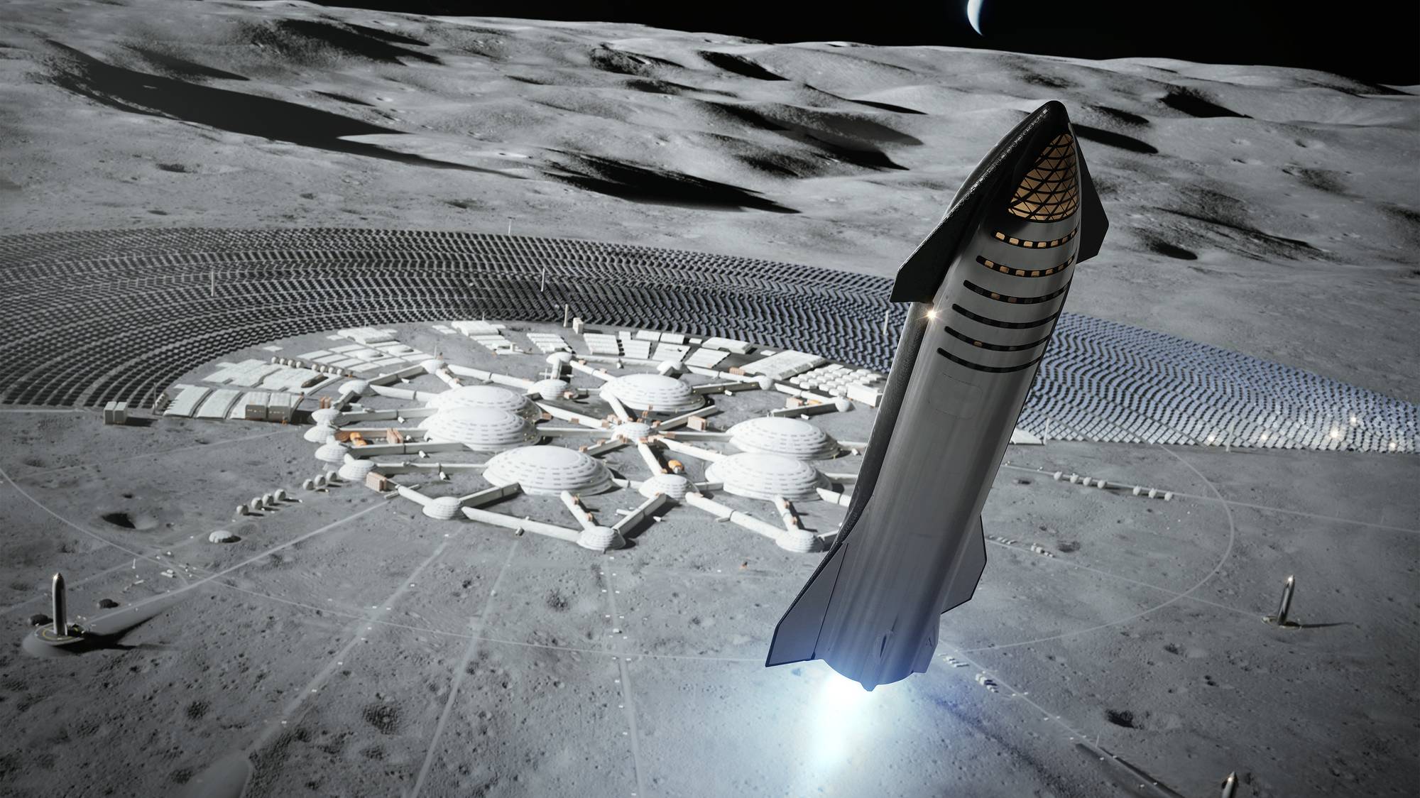 Romfartøyet Starship under landing på månen i en tenkt framtid.