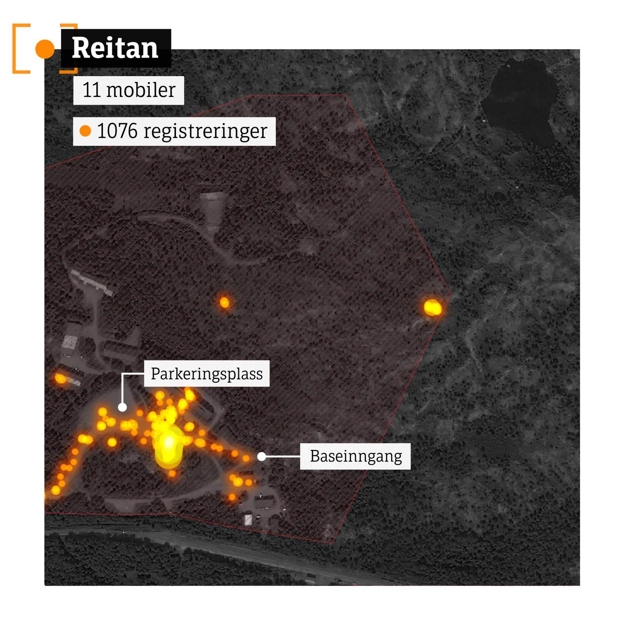 Kart over Reitan proansje punkter der parkeringsplass og baseinngang er markert. Tekst: 11 mobiler, 1076 registreringer.