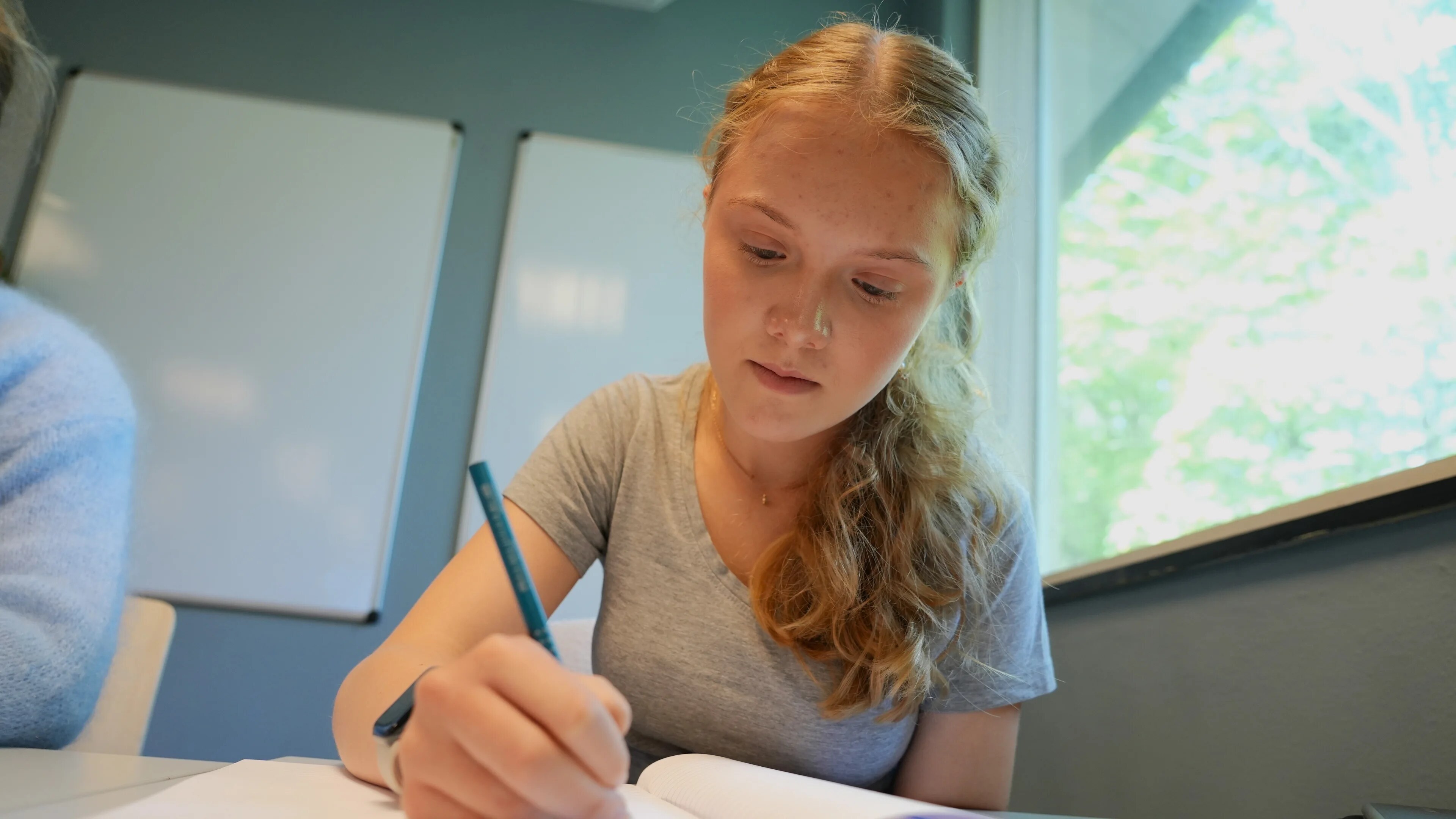 Sofie Røreng Øverland 15 år skriver for hand i skrivebok