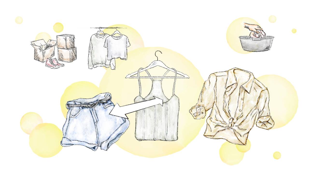 Illustrasjon av brukte klær, pappesker i en garderobe og en hånd som vasker klær. Gule bobler som bakgrunn. 