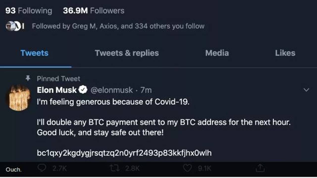 Skjermdump av en melding som ble lagt ut på twitterkontoen til Elon Musk etter at han ble hacket.
