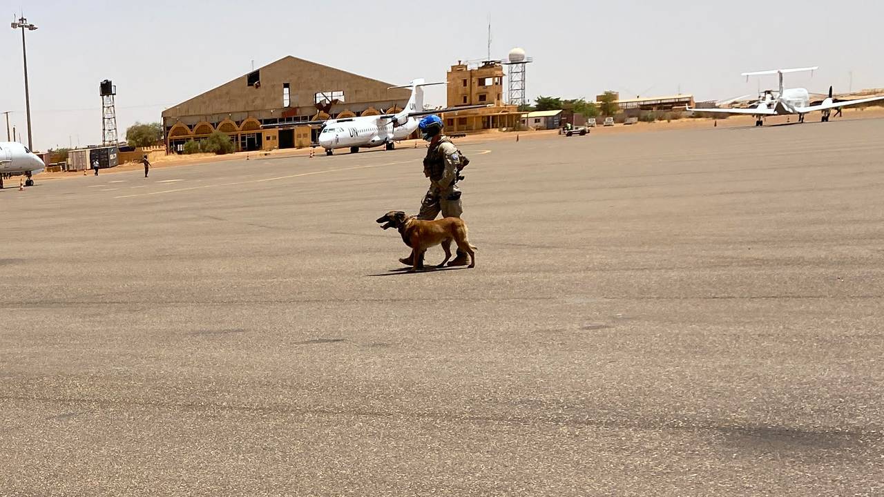 Den norske hundepatruljen på vei til å sjekke last i en av hangarene.