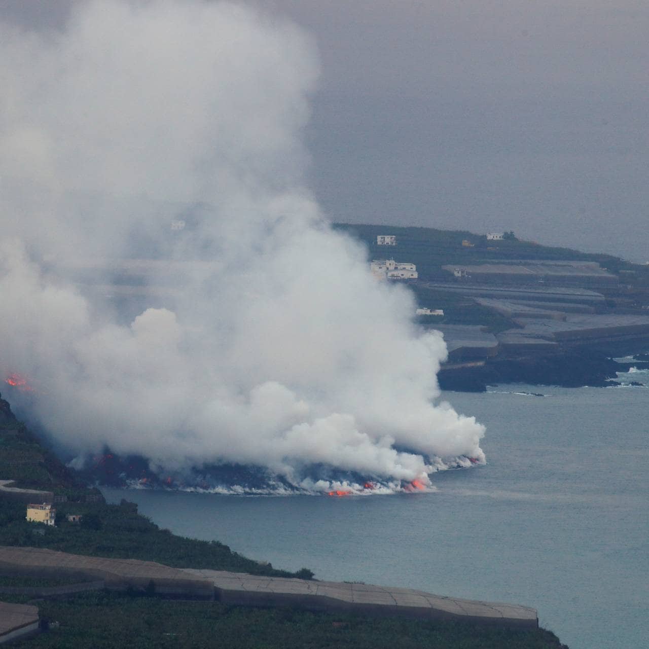 Lava flows following the eruption of a volcano on the Canary Island of La Palma