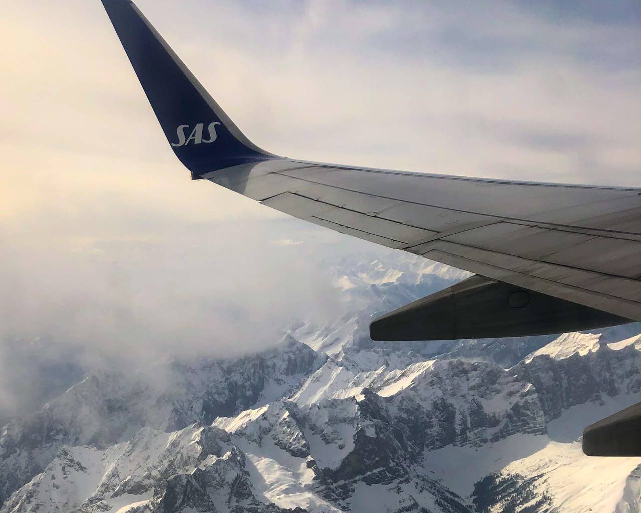 En SAS-vinge med Alpene i bakgrunnen
