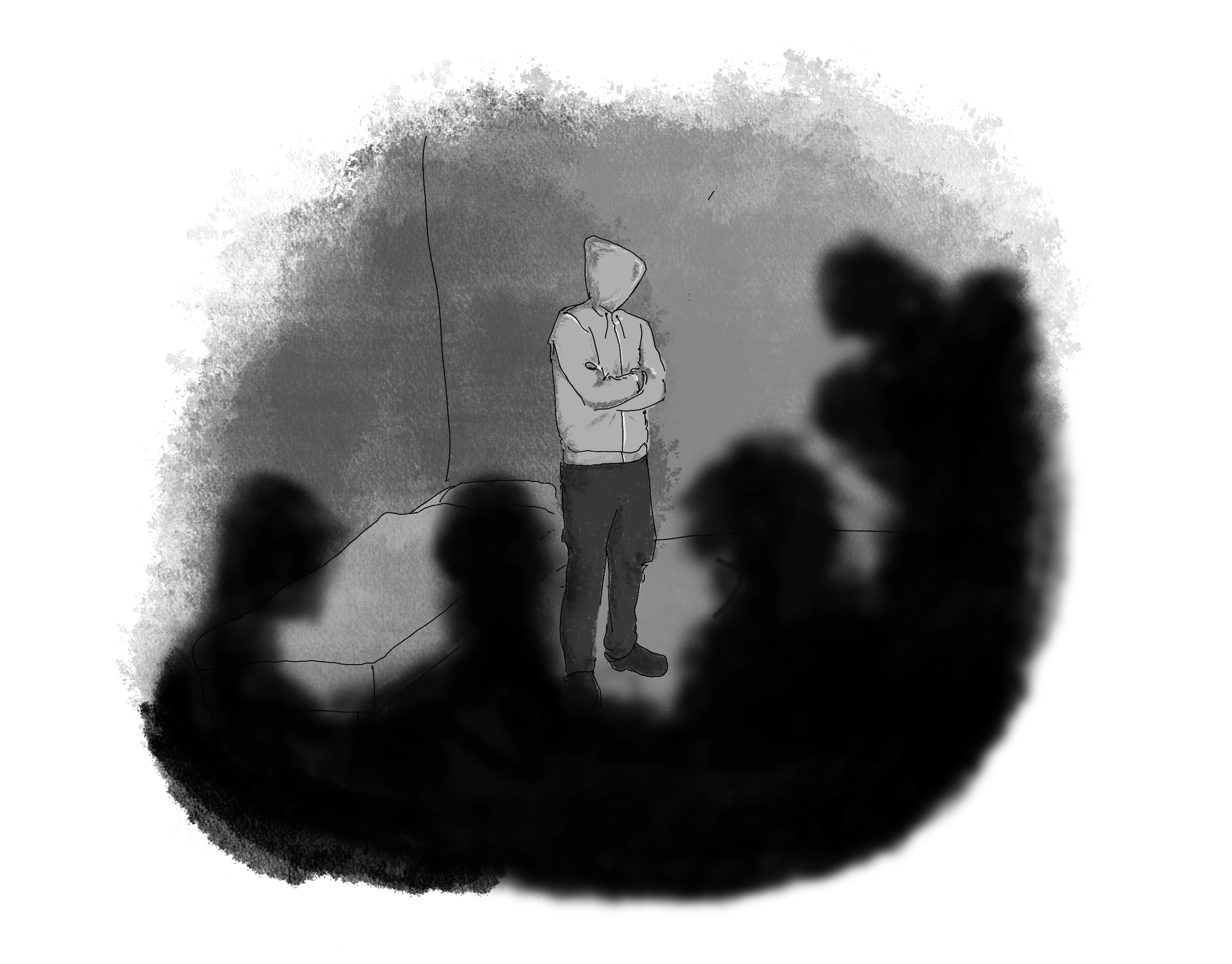 Illustrasjon i gråtoner som viser en ungdom som står foran en seng i et rom. Ungdommen har på seg en hettegenser. Vi kan ikke se ansiktet. Foran ungdommen står seks skikkelser som mørke skygger. Disse illustrerer de ansatte som ber ungdommen sette seg på senga.