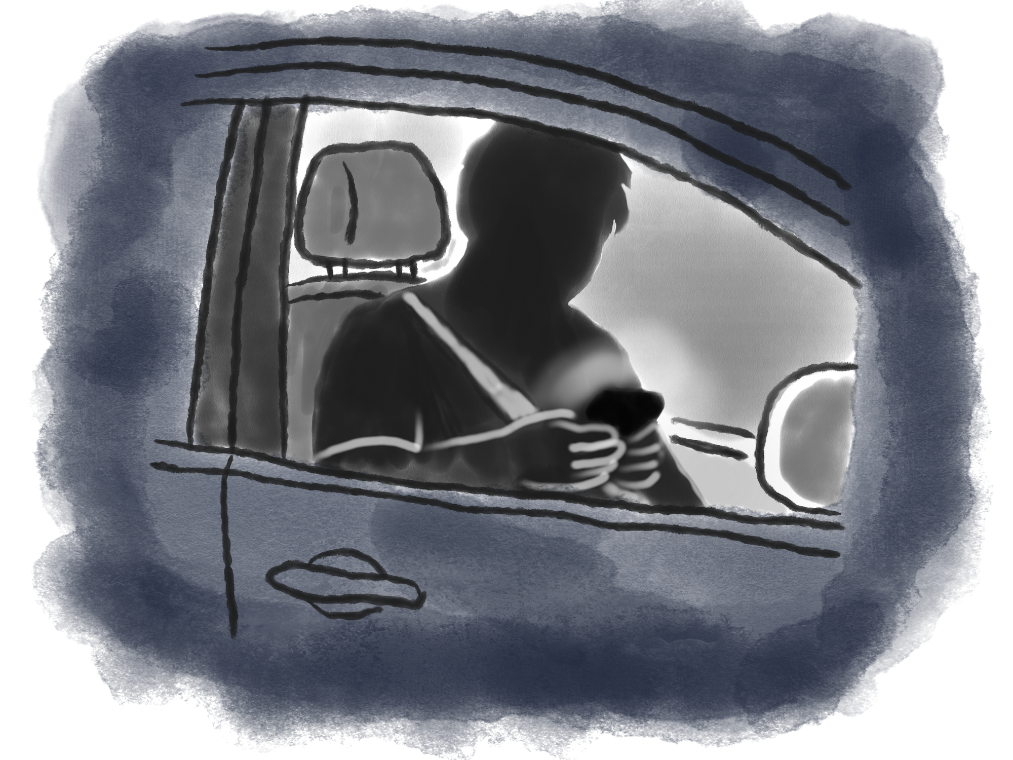 En kvinnelig silhuett som sitter i bilen og ser på telefonen. 
