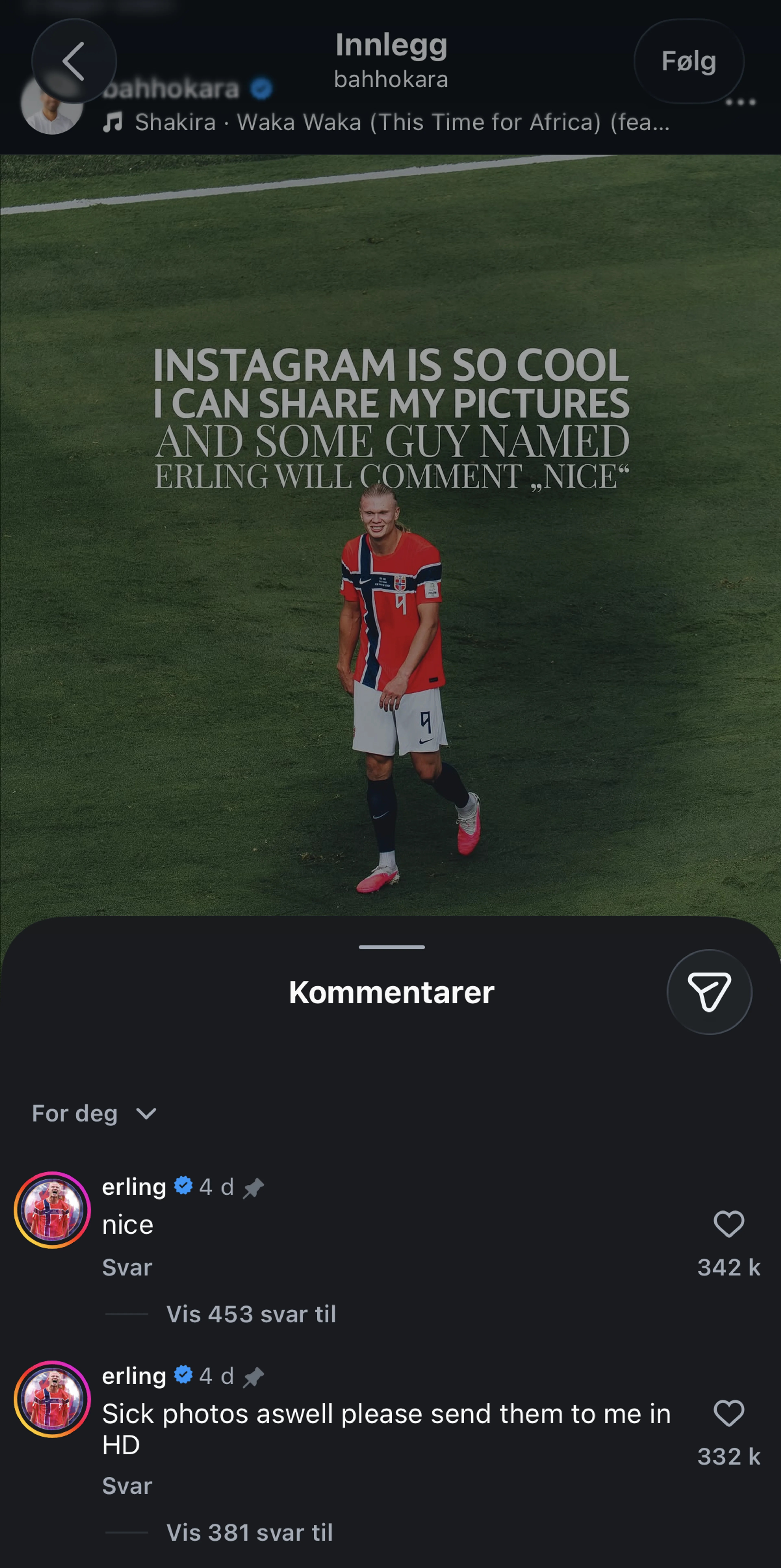 Erling Braut Haaland kommenterer Instagram
