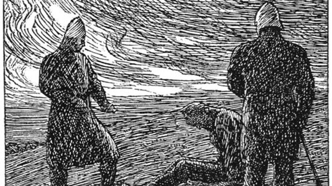 Jøkul Bårdsson drepes av mennene til kong Olav Haraldsson. Tegning av Erik Werenskiold fra Snorre Sturlasons kongesagaer.
