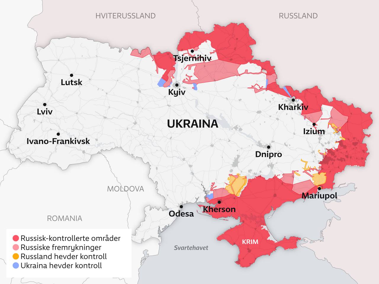 Kart over Ukraina 30. mars 2022