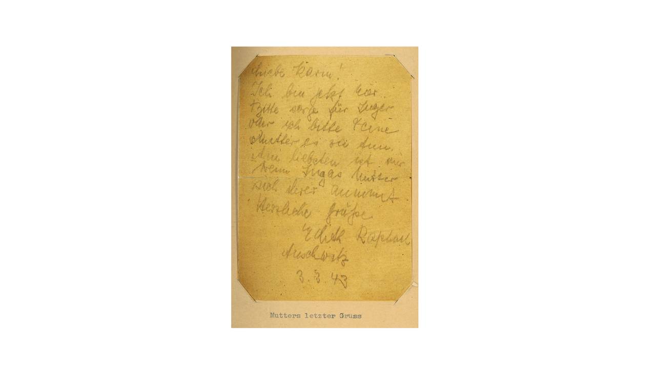 Håndskrevet kort fra Edith Raphael til Karin Welhaven, sendt fra konsentrasjonsleiren Auschwitz. Hun ber Karin ta hånd om dattera Inger.