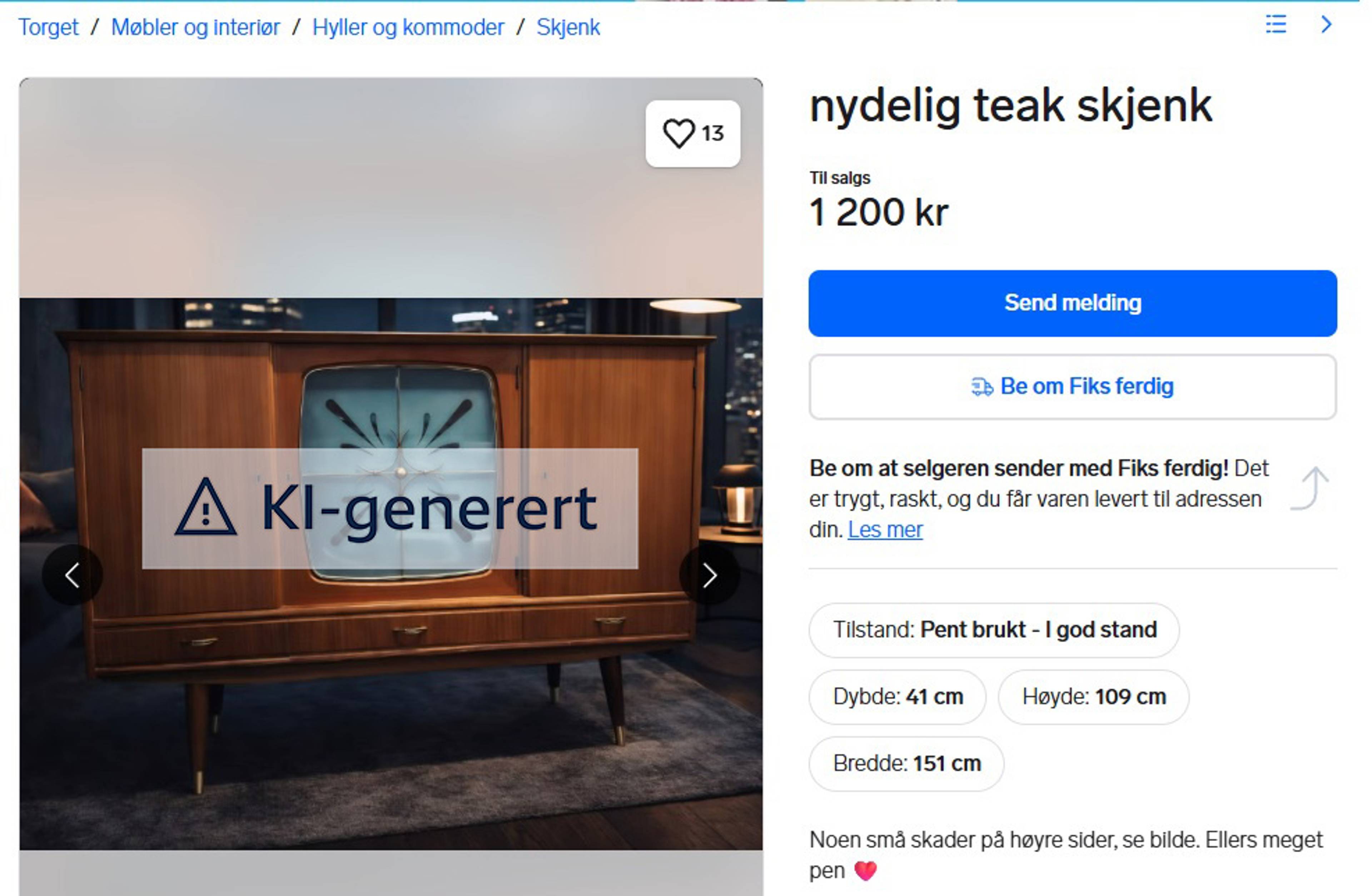 Finnannonse med KI-bilde, teak skjenk