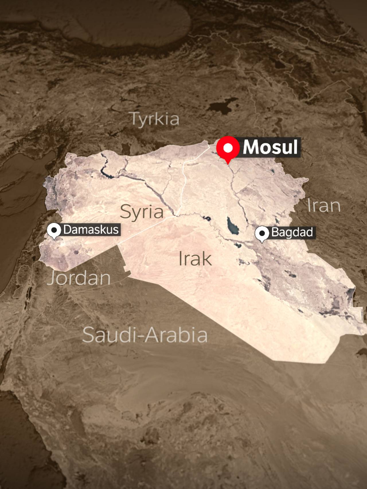Kart over hvor Mosul ligger.
