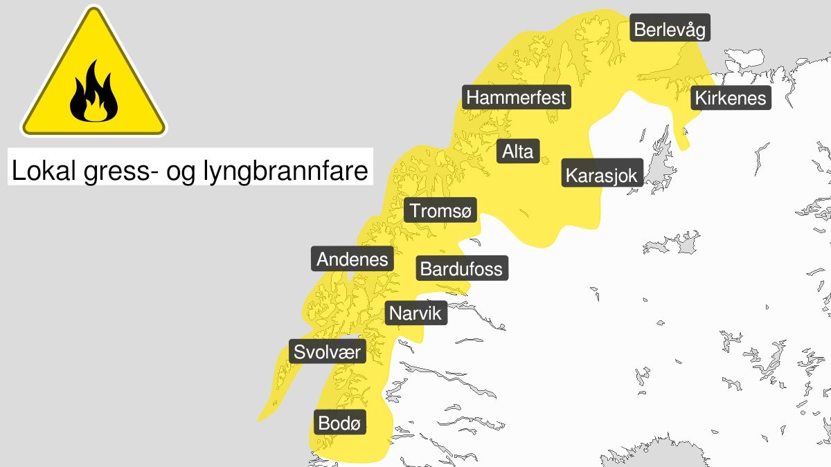 Sender ut farevarsel for gress- og lyngbrann i store deler av Nord-Norge