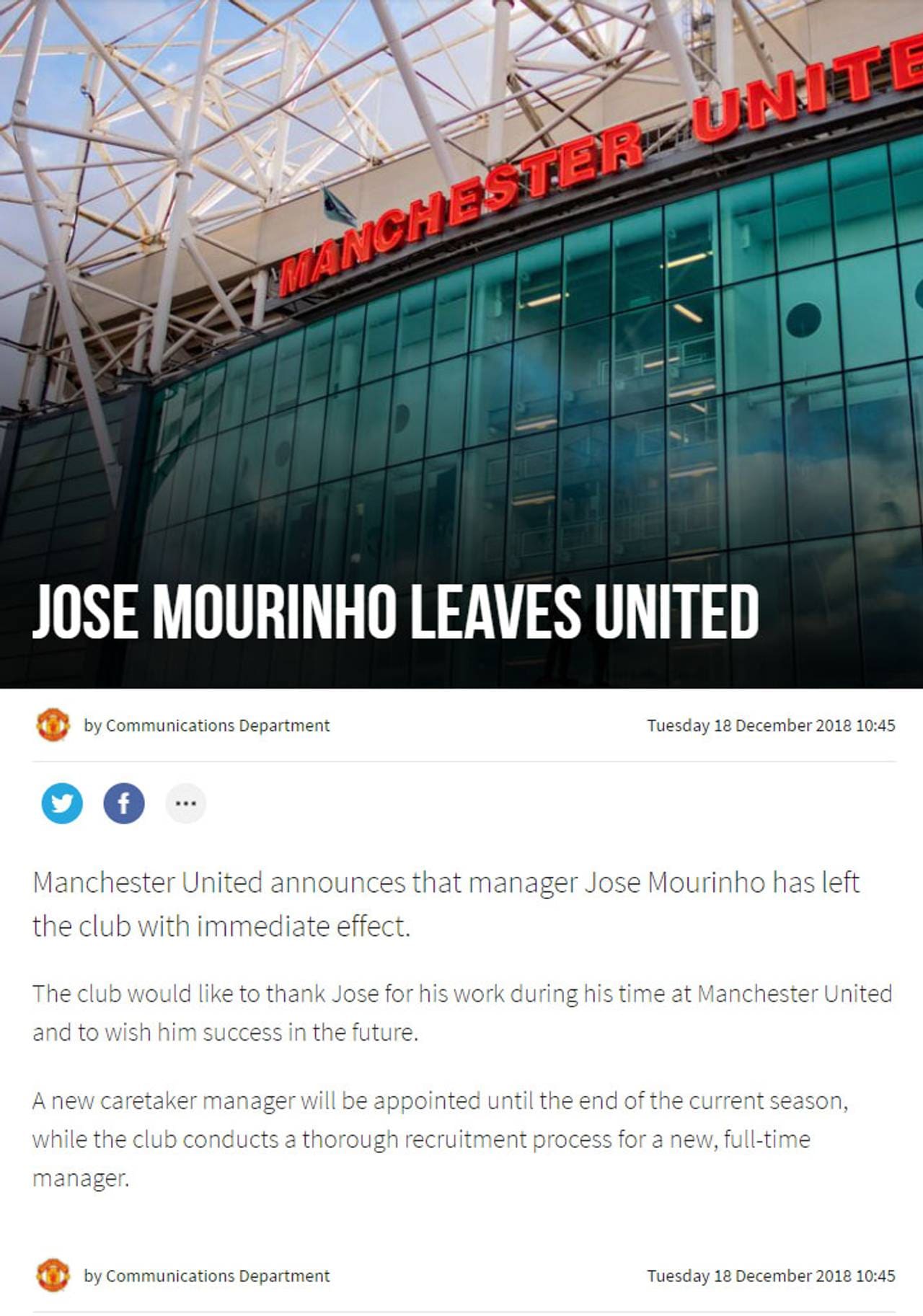Faksimile av pressemeldingen da Jose Mourinho fikk sparken i Manchester United.