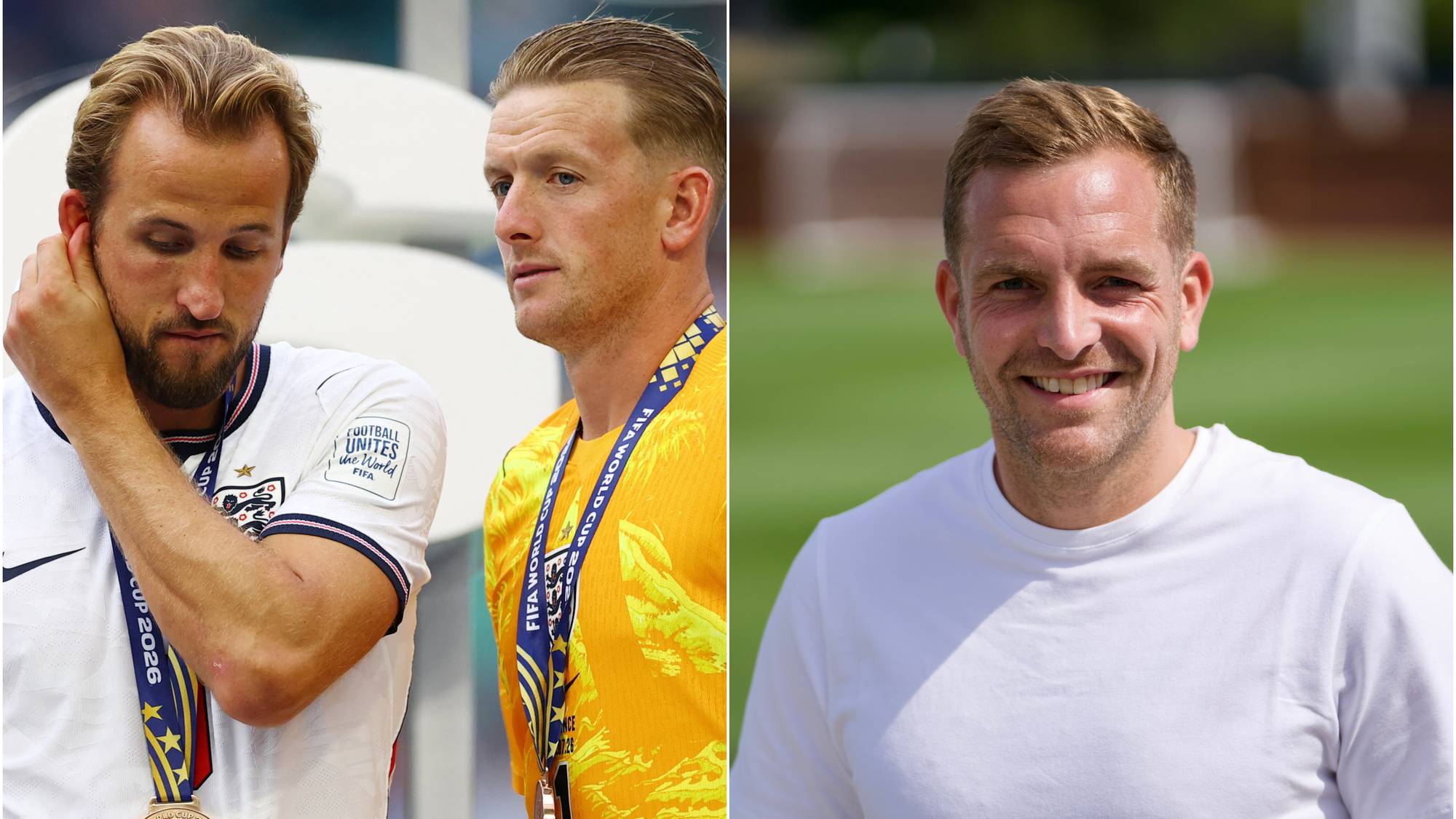 Bilde slått sammen av Harry Kane og Jordan Pickford med bronsemedaljen rundt halsen sammen med Kristoffer Løkberg.