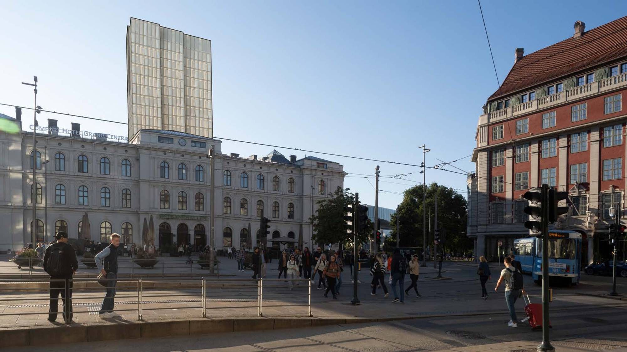 Illustrasjon av høyhus på Oslo S sett fra Jernbanetorget.