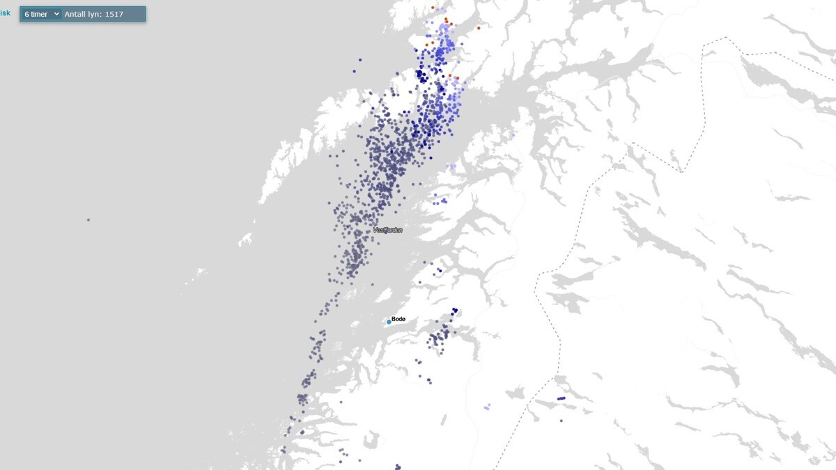 Stort strømbrudd i Nordland - 1500 lynnedslag på seks timer