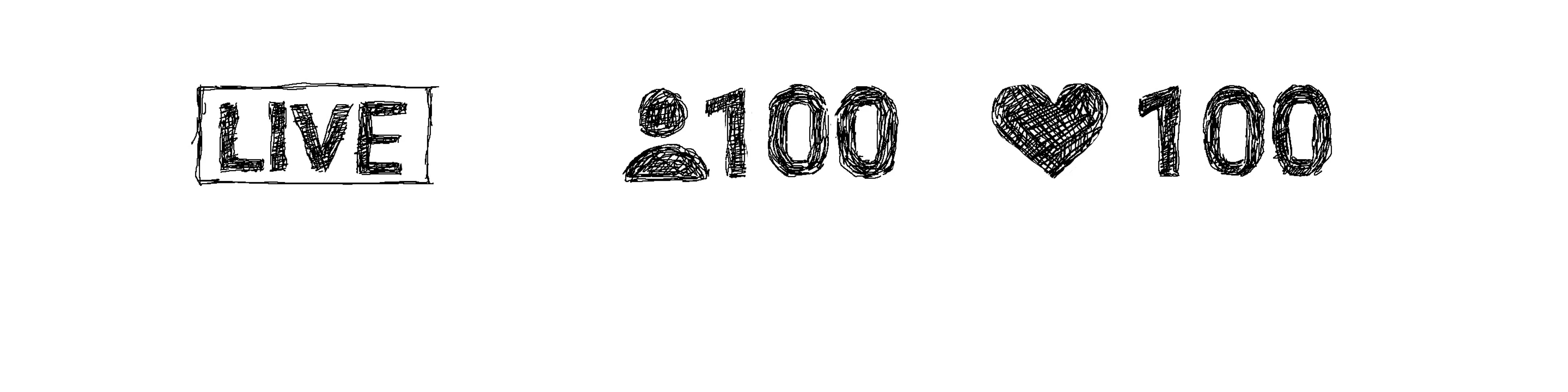 Illustrasjon av symboler som vises når sosiale medier sender direkte video. Det står "live", et symbol av et menneske med tallet 100 som indikerer hvor mange som ser på, og et hjerte med tallet 100 som indikerer hvor mange som har likt videoen.