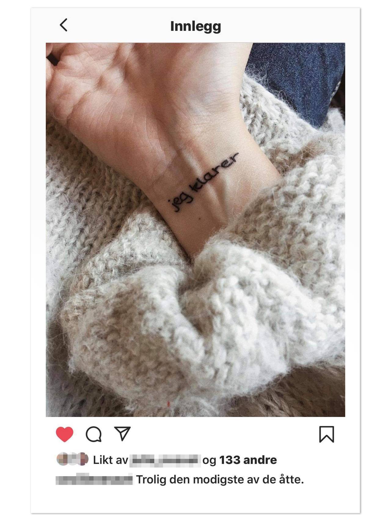 Instagram-post fra Cecilie som viser tatovering på håndleddet som sier