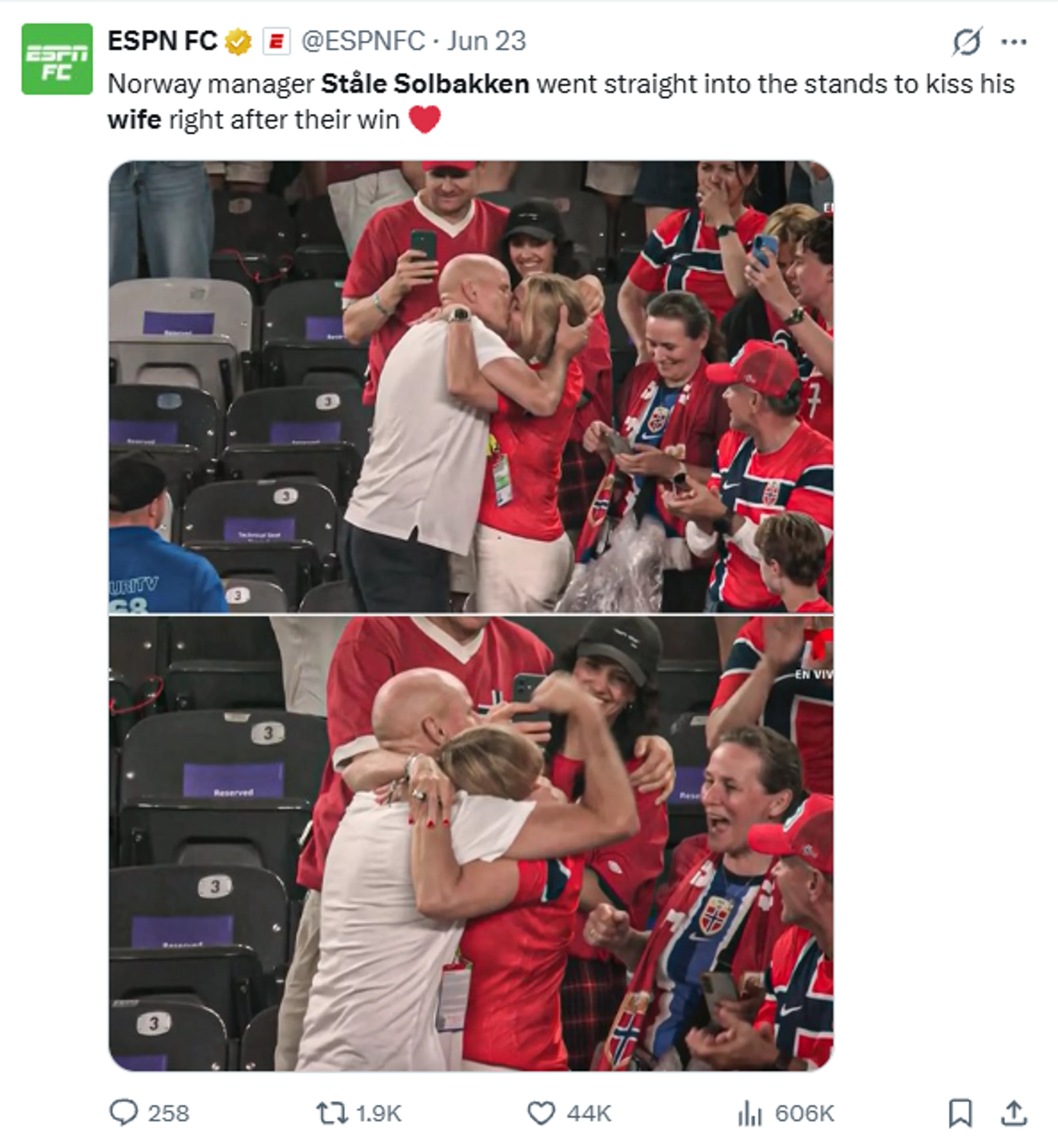 Skjermdump av Ståle Solbakken som kysser Anniken på tribunen.