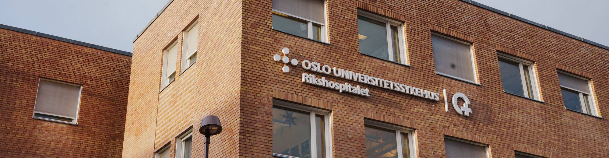 En stor byggekran strekker seg over taket på Oslo universitetssykehus, Rikshospitalet. Bygningen er kledd i murstein, og det er flere vinduer på fasaden. En mindre kran er synlig i bakgrunnen. Været er skyet. (Bildebeskrivelsen er laget av en KI-tjeneste)