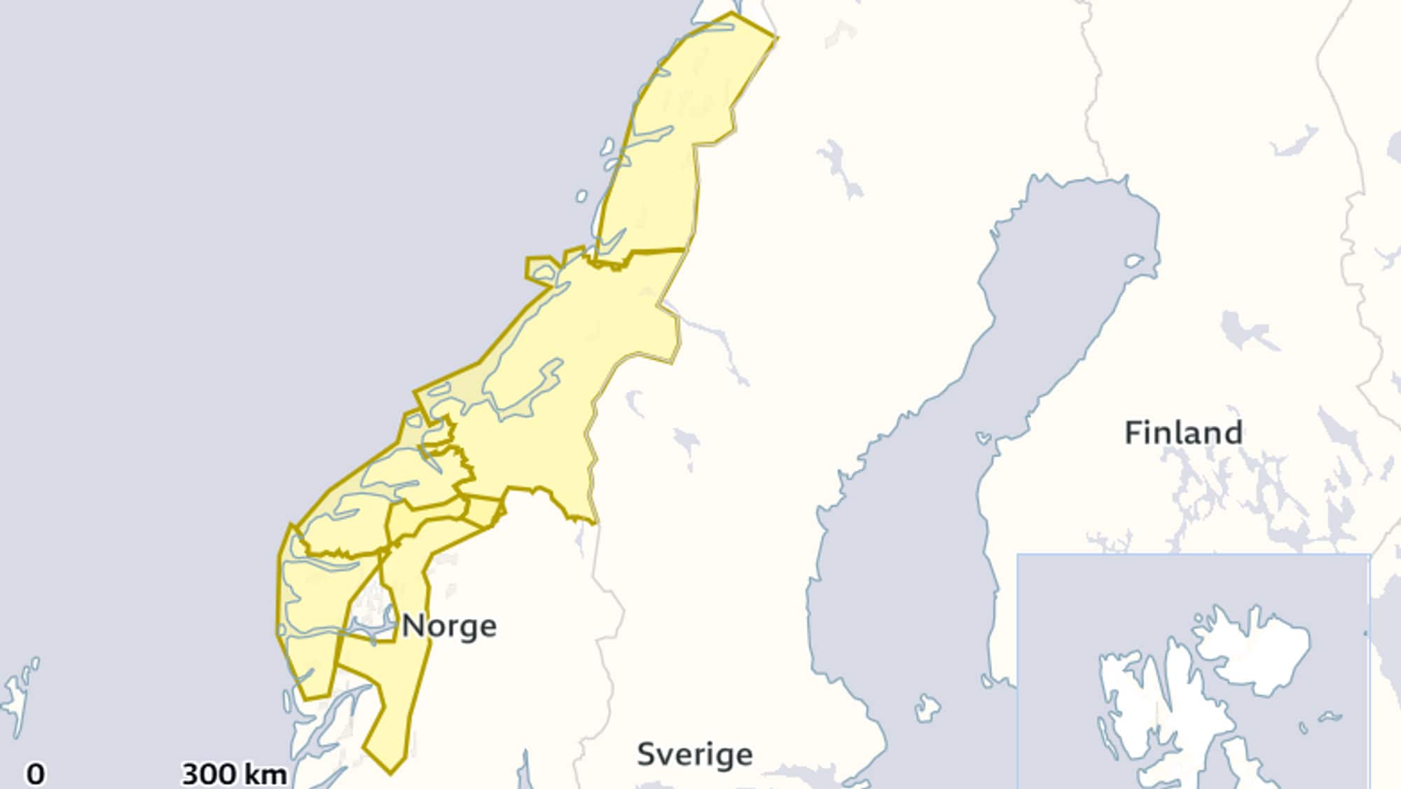 Tegnet kart over Norge, som markerer vest- og midt-norge. 