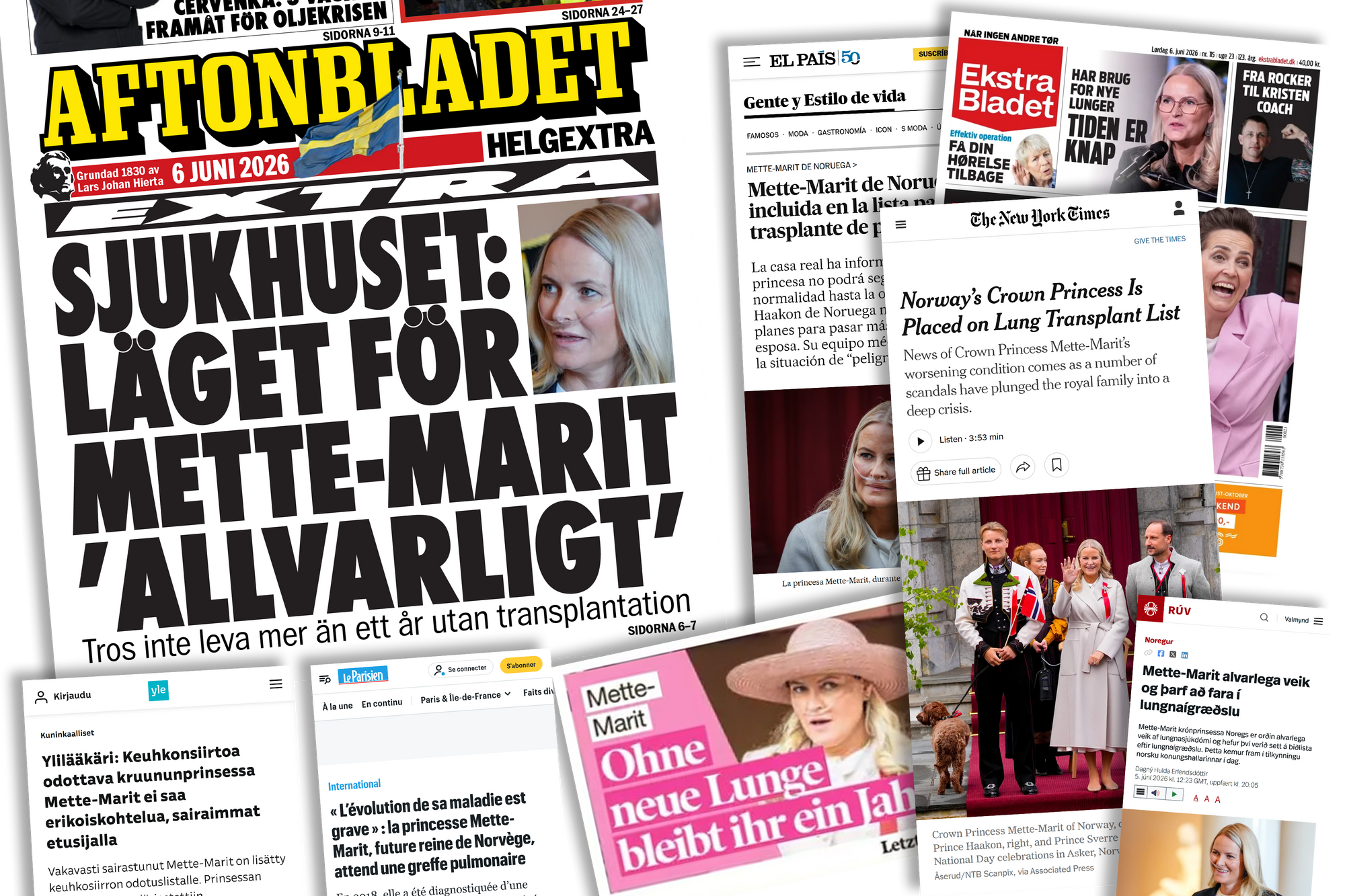 En kollasje viser en rekke medieoppslag om kronprinsesse Mette-Marits lungesykdom og behov for transplantasjon