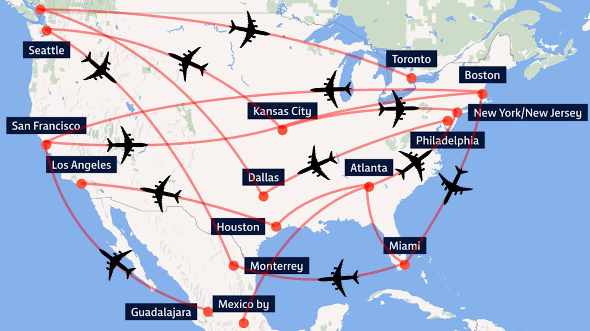 Kart over USA, Mexico og det sørlige Canada med streker mellom VM-byene med små fly på.