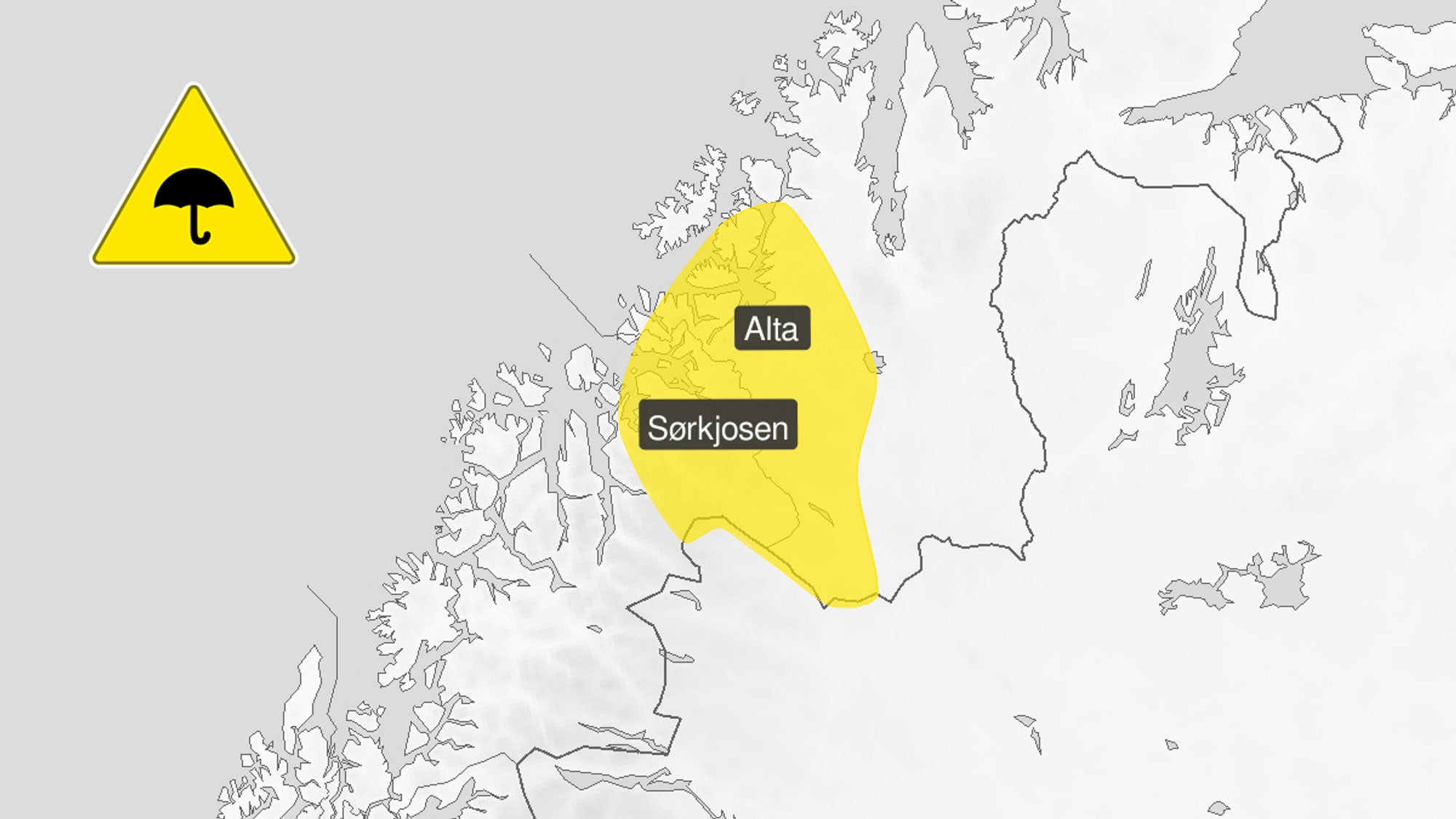 Kart som viser et gult område med varsel om nedbør, som dekker deler av Finnmark. Det gule varselområdet strekker seg over Alta og Sørkjosen. Et gult skilt med et paraplysymbol er synlig i øvre venstre hjørne. (Bildebeskrivelsen er laget av en KI-tjeneste)