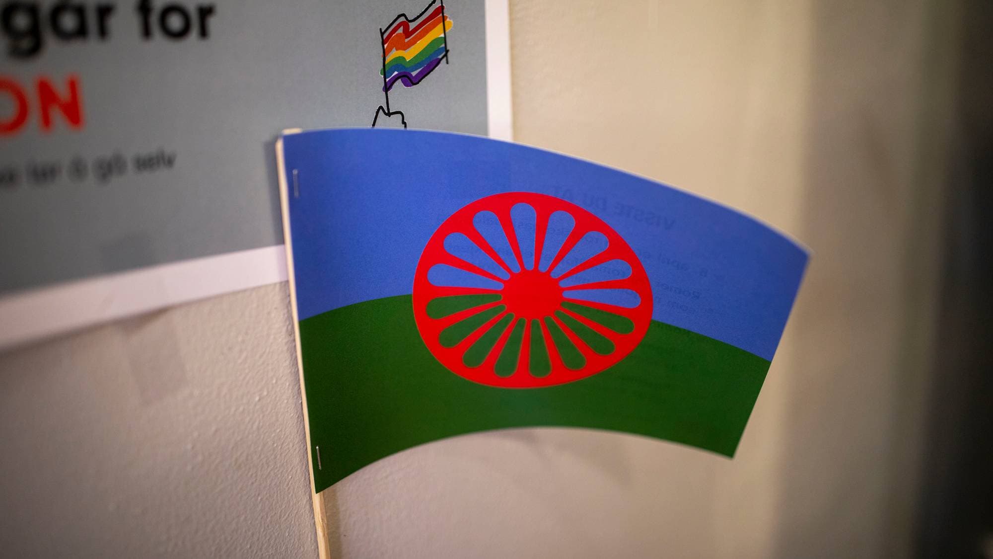 Det internasjonale romske flagget inne hos Romano Kher