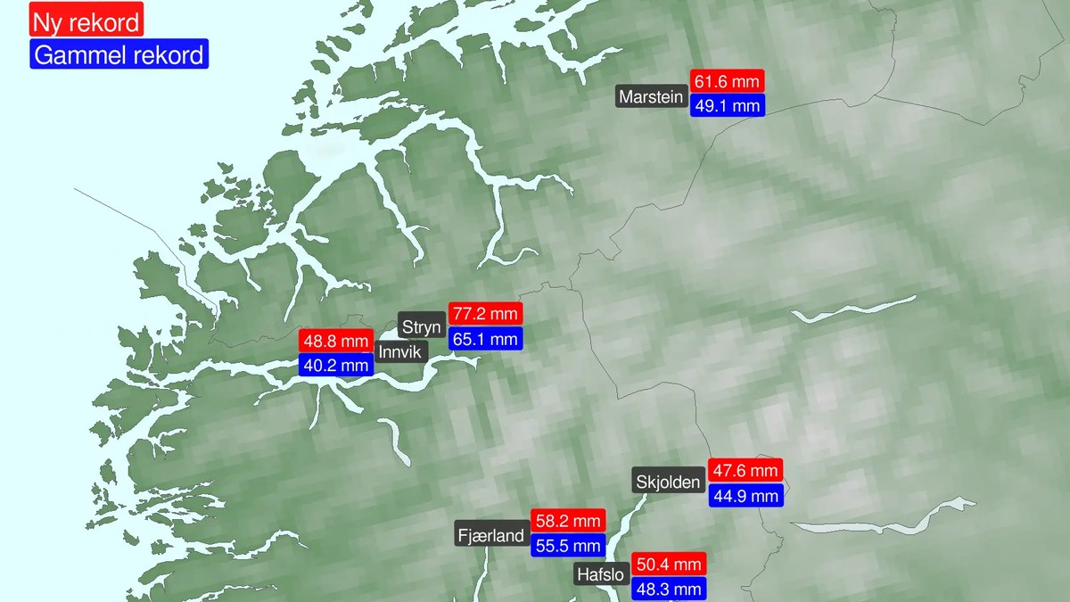 Seks målestasjonar sette ny rekord i døgnnedbør. FOTO: Meteorologisk institutt