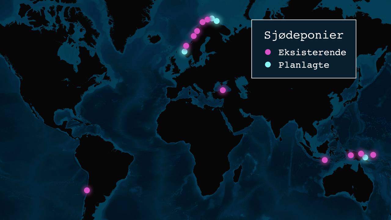 Kartet viser eksisterende og planlagte sjødeponier.