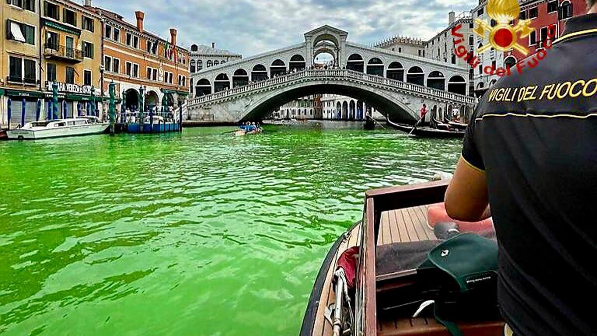 Kanal i Venezia er plutselig blitt grønn