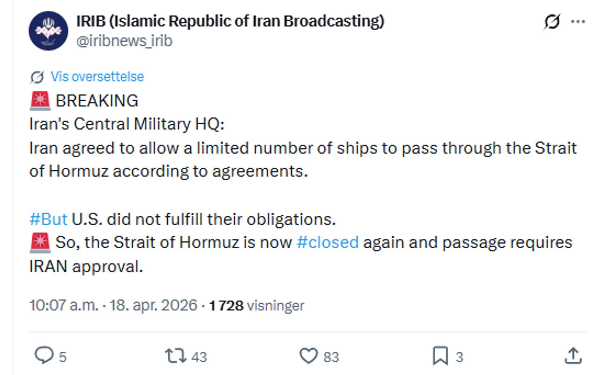 Iransk kringkasting melder at Hormuz igjen er stengt