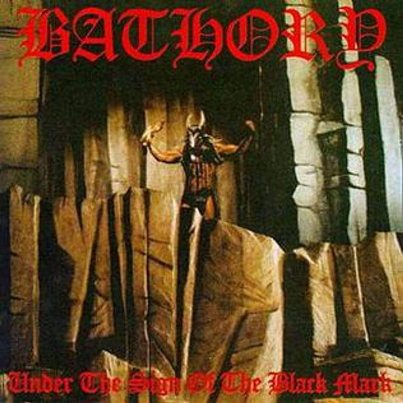 Coveret til Under the Sign of the Black Mark av Bathory. Coveret viser en mann med geitehode som står på en fjell-hylle med armene hevet over hodet.