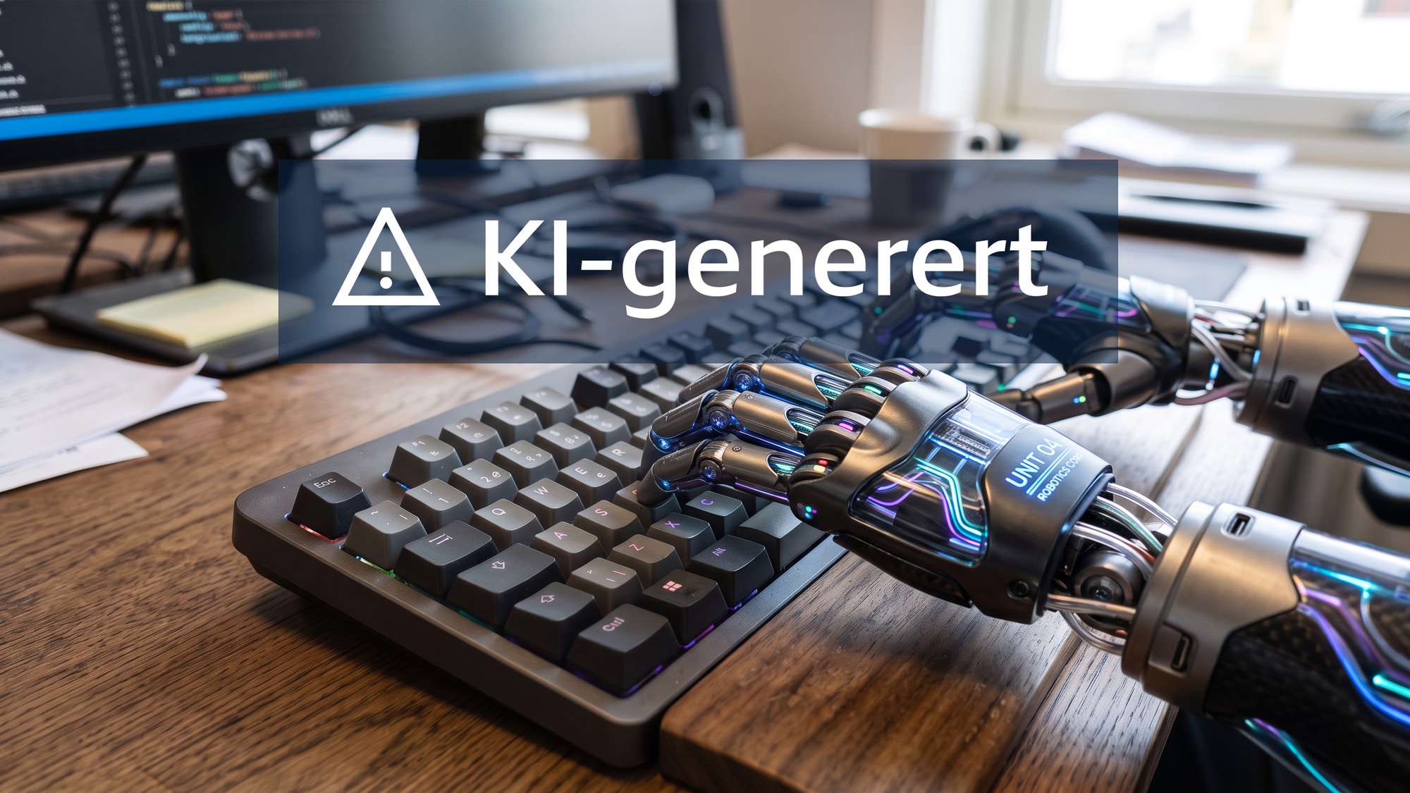 To robot-hender skriver på et vanlig tastatur, KI-generert for å illustrere kunstig intelligente agenter på internett.