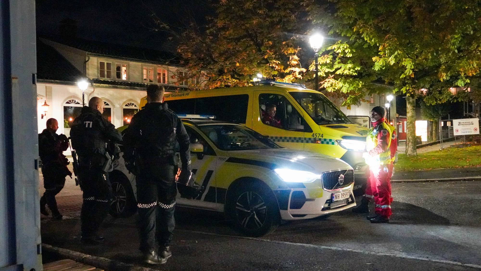 Politi og ambulansepersonell ved utrykning på et sted utendørs i mørket. (Bildebeskrivelsen er laget av en KI-tjeneste)