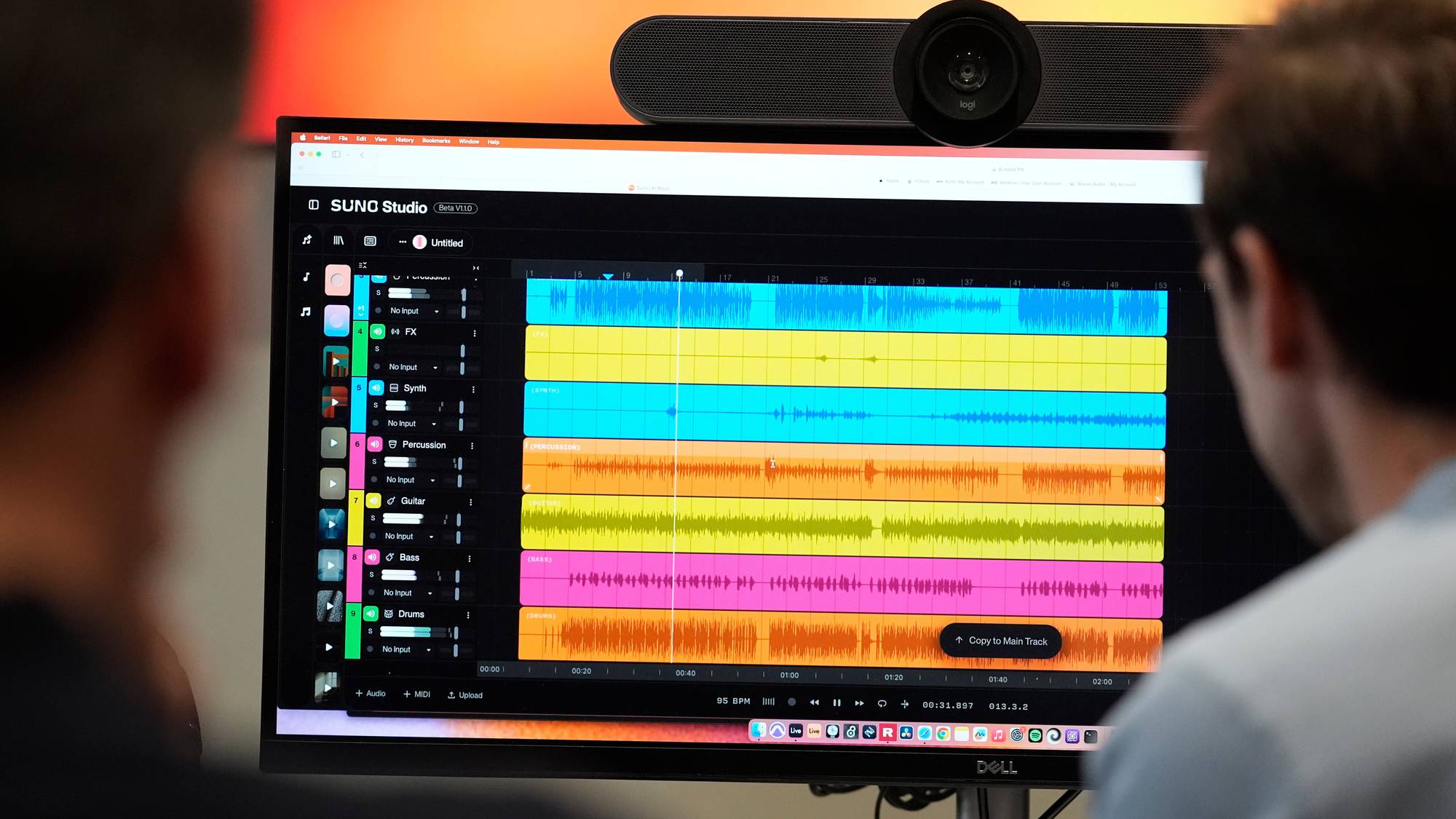Waveforms of audio files from various instruments are displayed on a computer screen during the creation of an AI musical piece at SUNO