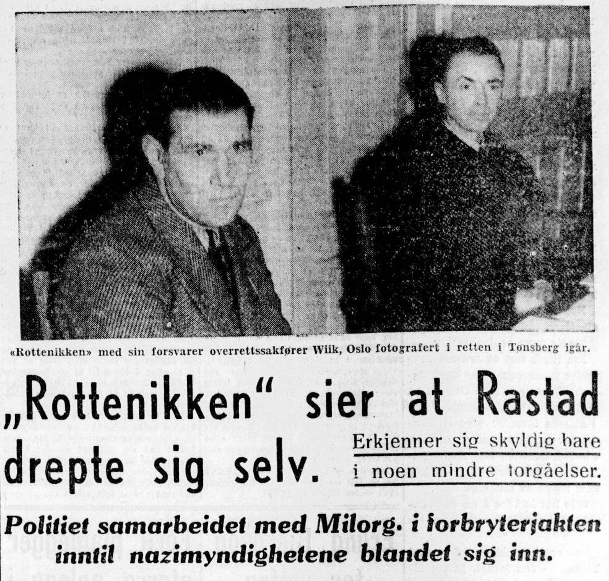 Avisutklipp med bilde av Rolf Erling Knutsen og forsvareren under rettsaken i 1946. I overskrifta står det: «Rottenikken» sier at Rastad drepte sig selv.