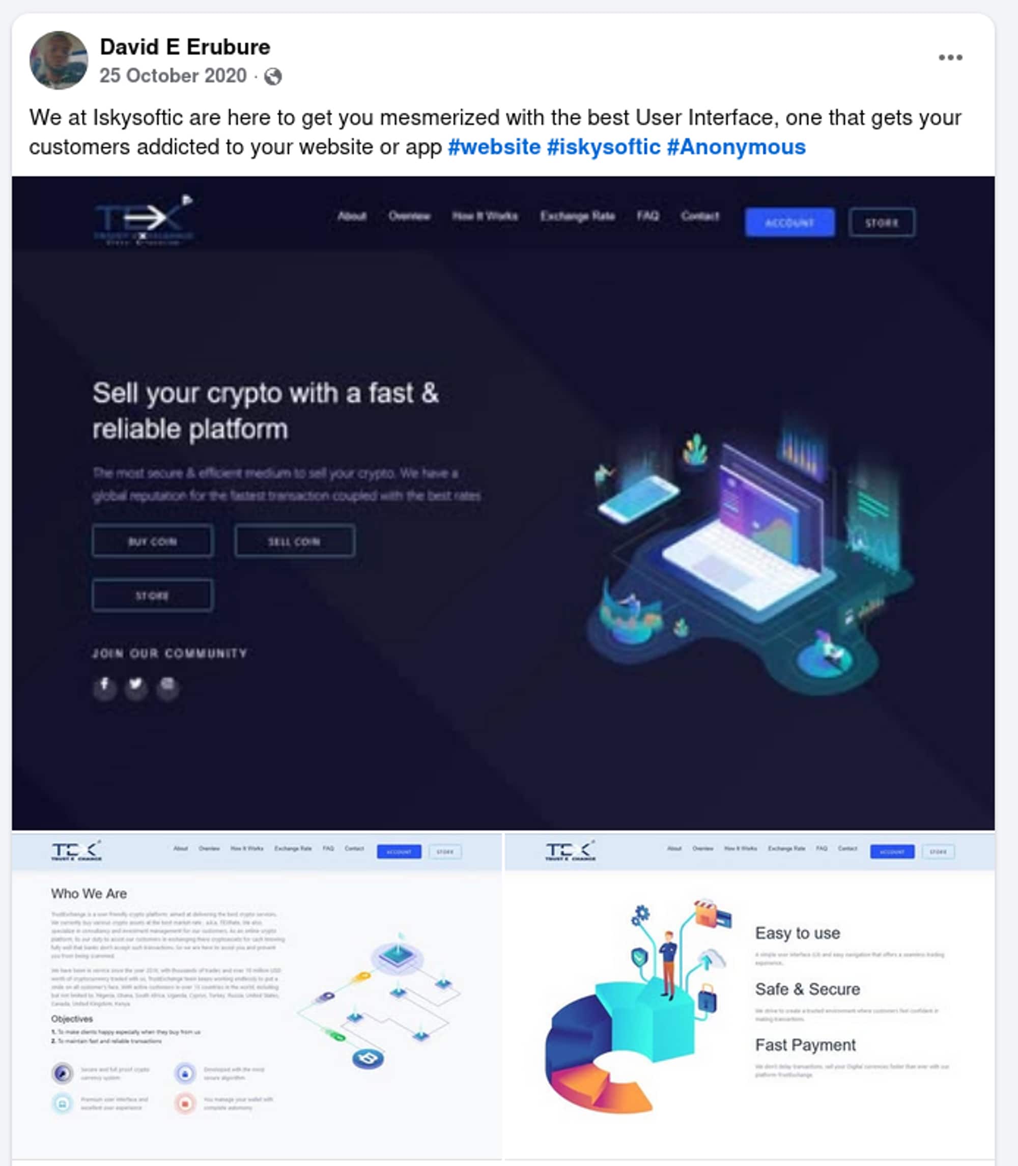 Viser et Facebook-innlegg som inneholder bilder av finansielle nettsider og at kunder vil bli «addicted» til designet. 