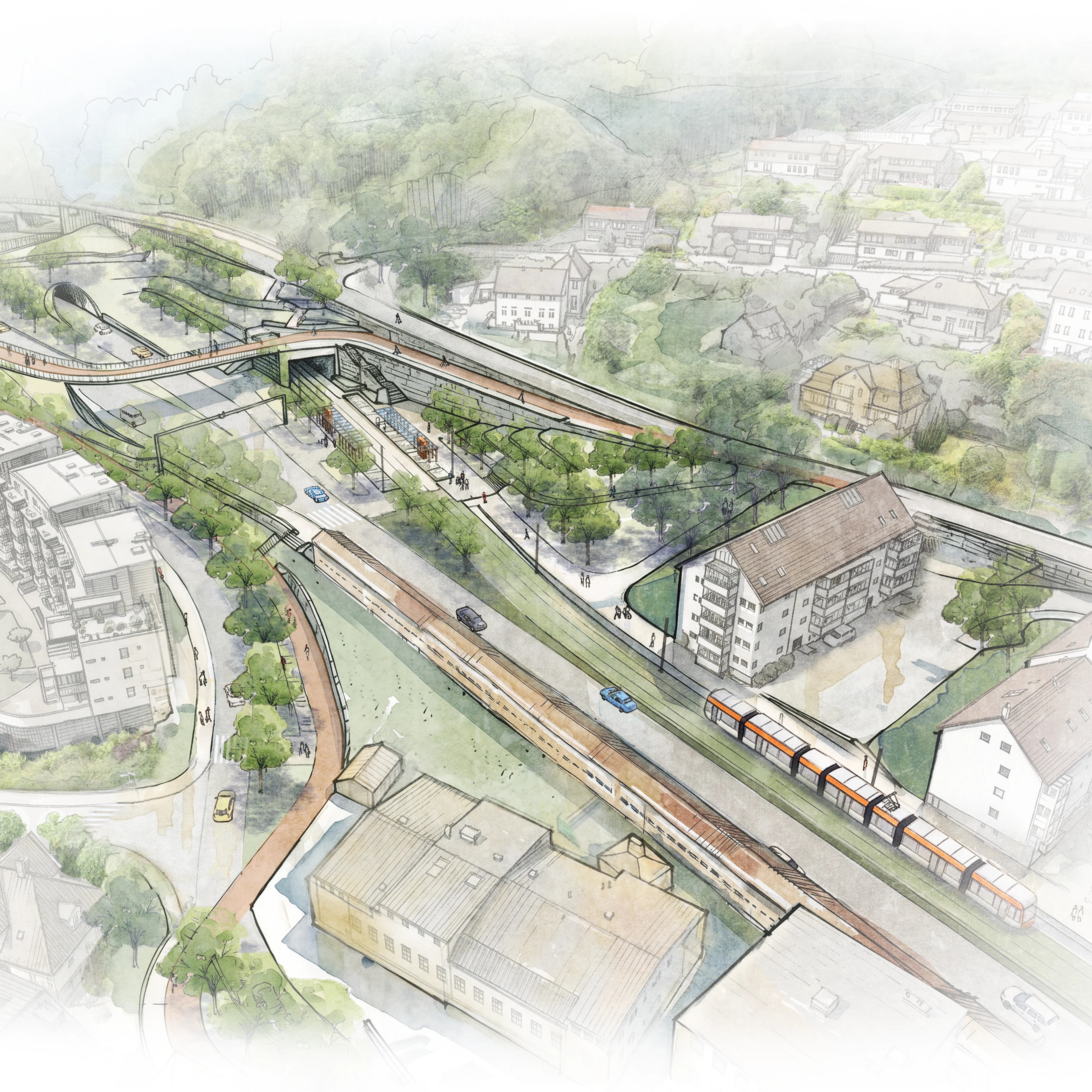 Illustrasjonsteikning av planlagd bybanetrase frå Bergen sentrum til Åsane bydel: Munkebotn haldeplass