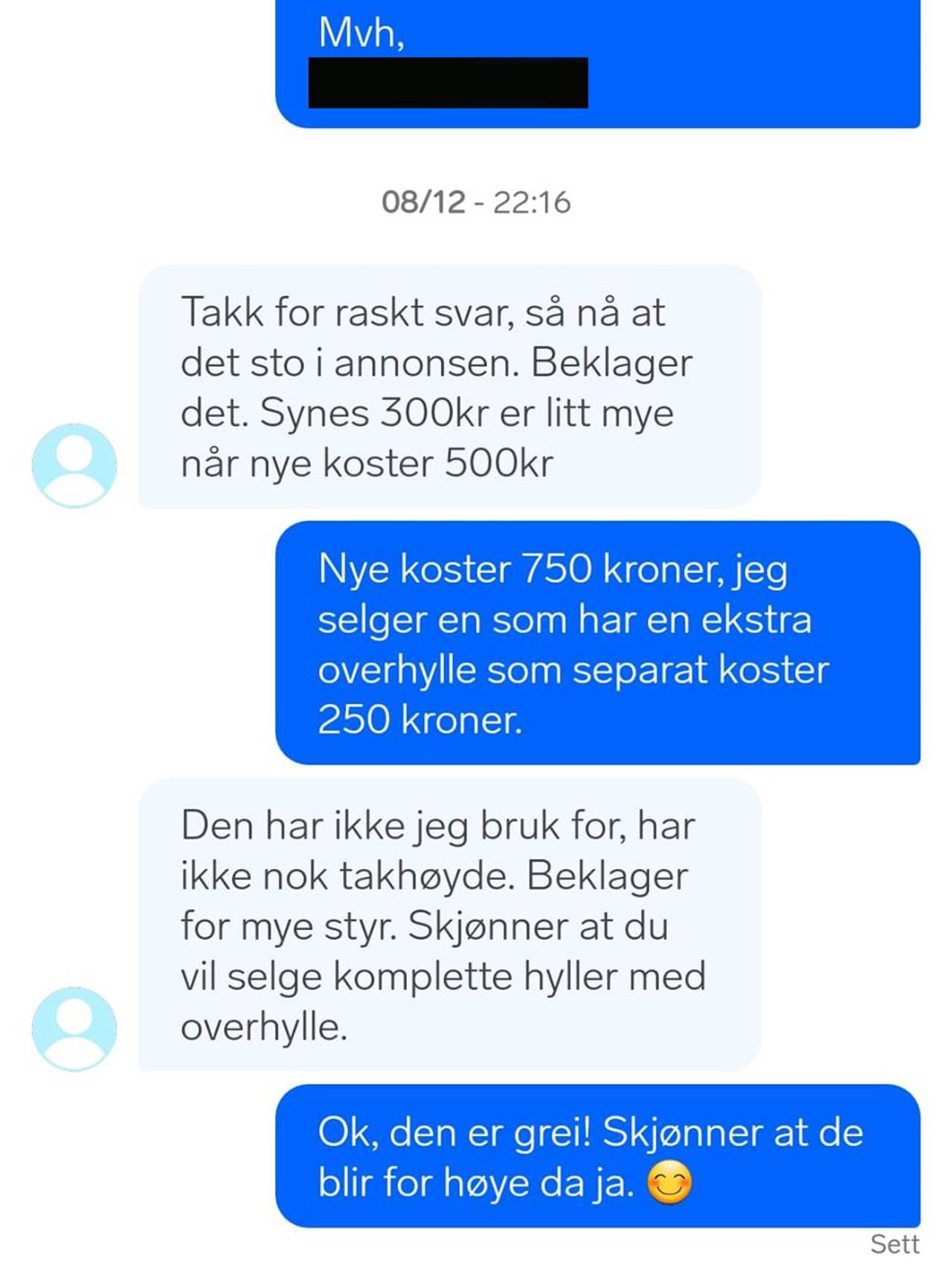 Hyggelig prat mellom to brukere på Finn.no