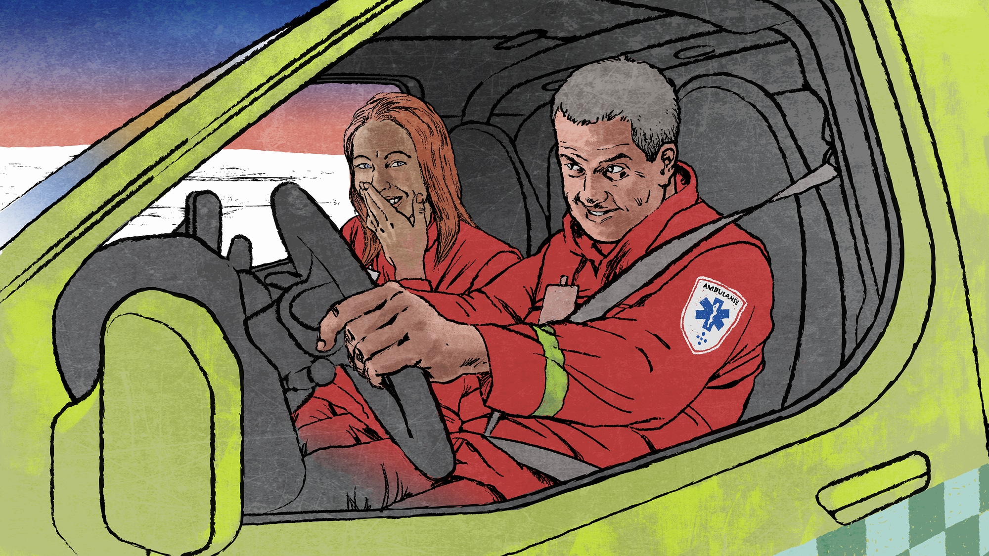 To ambulansearbeidere kjører i en ambulanse. En yngre kvinne og en eldre mann. Ute er det vinter. 