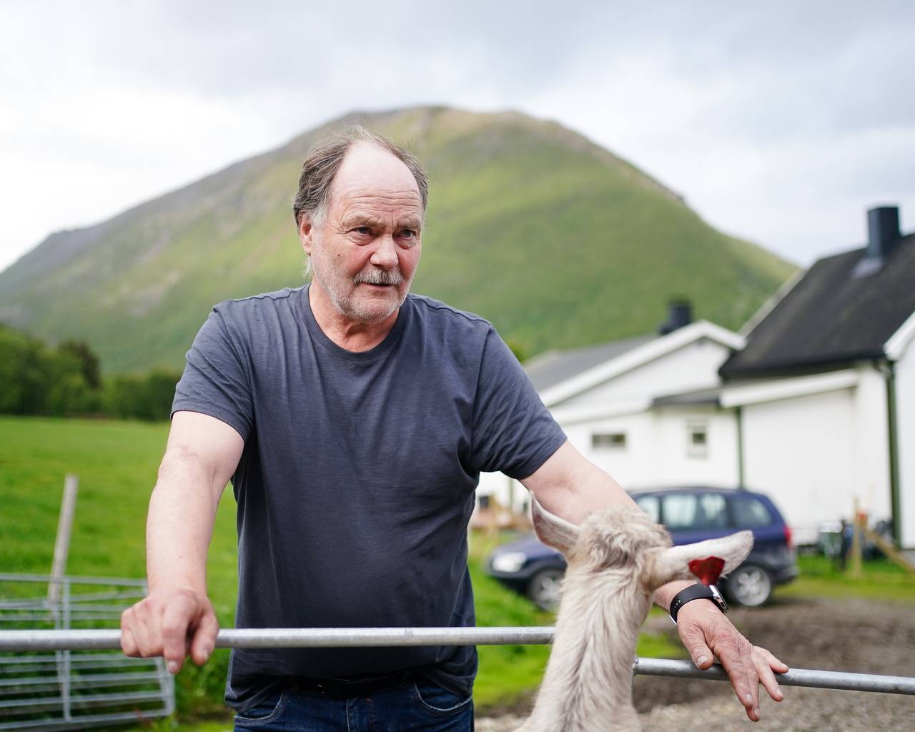 Pappa Rolf Albertsen står med geitene. 