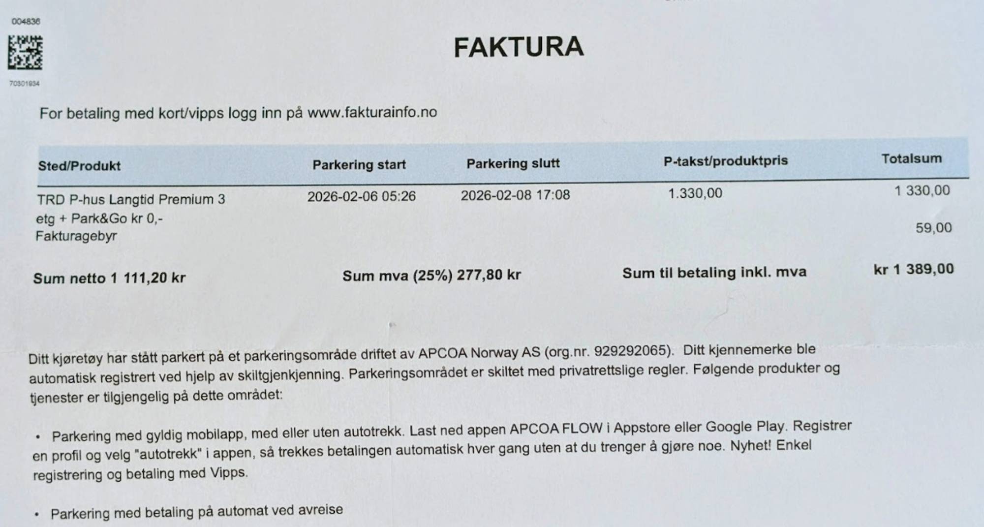 Faktura for parkering på Værnes - Apcoa